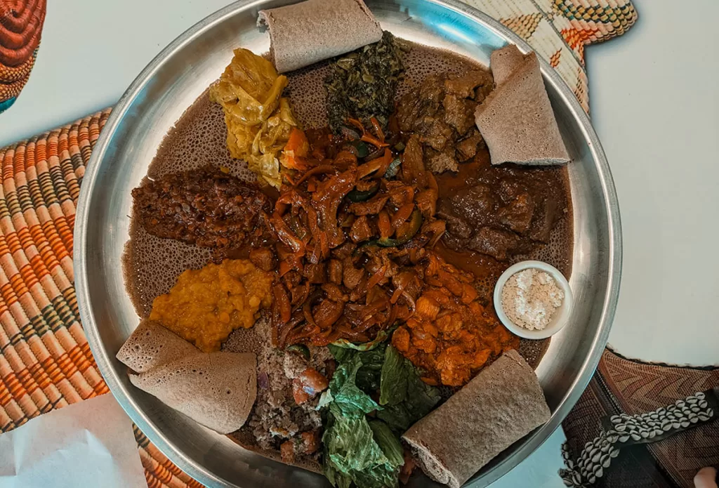 The meat and veggie combination platter with lamb tibs.