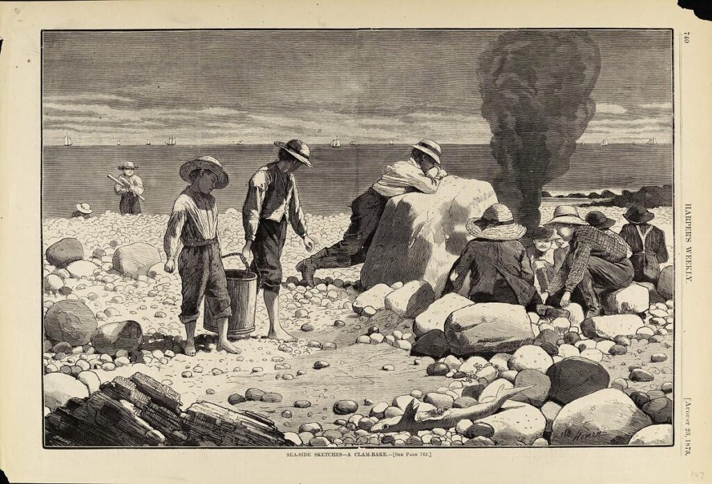 Winslow Homer, Sea-Side Sketches--A Clam-Bake, from Harper's Weekly, August 23, 1873, 1873, wood engraving on paper, image: 9 1/4 x 14 in. (23.5 x 35.6 cm)
sheet: 10 7/8 x 15 7/8 in. (27.6 x 40.3 cm), Smithsonian American Art Museum, The Ray Austrian Collection, gift of Beatrice L. Austrian, Caryl A. Austrian and James A. Austrian, 1996.63.86